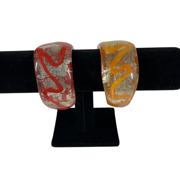 Resin Bangle Bracelets Womens Set of 2 Red Orange Silver Foil Wide Chunky Style - Picture 1 of 13